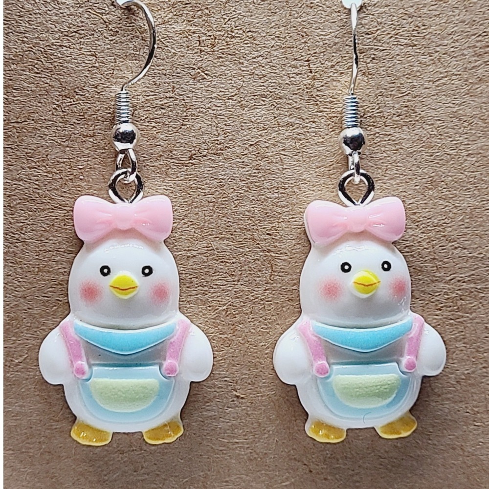 White Duck with Pink Bow Resin Drop Earrings Silver Tone Fishhooks New